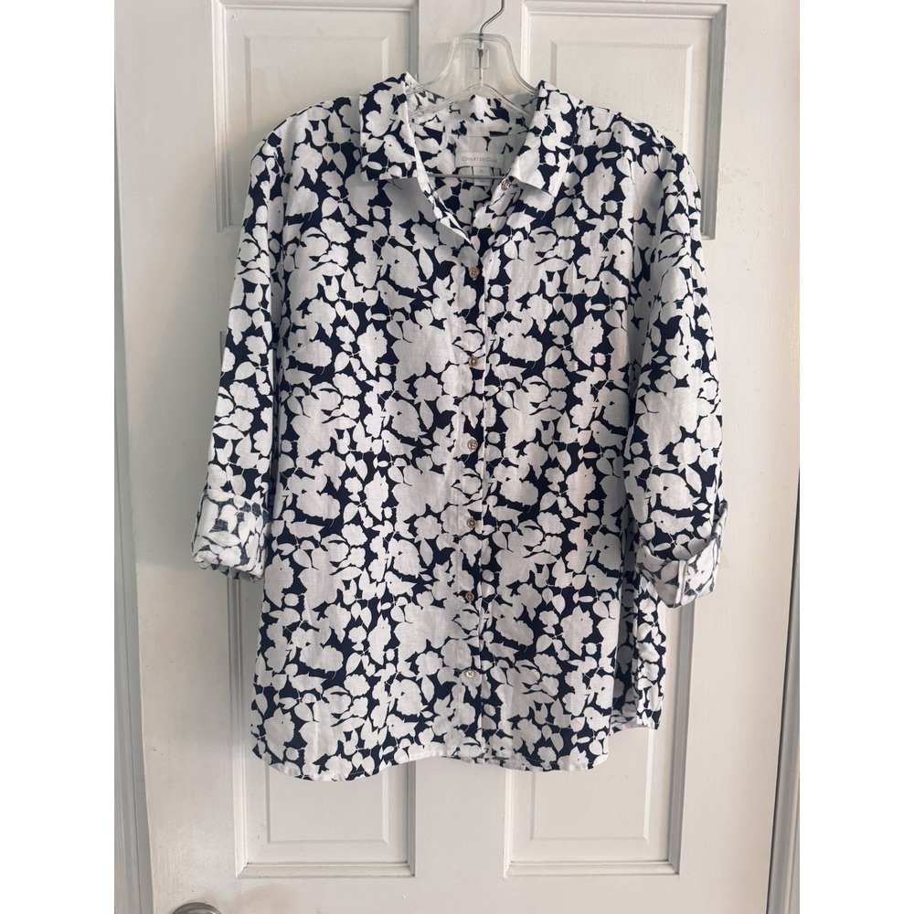 Charter Club Women's Sz L Petite Roll Tab Sleeve Button‎ Up Linen Blend Blouse